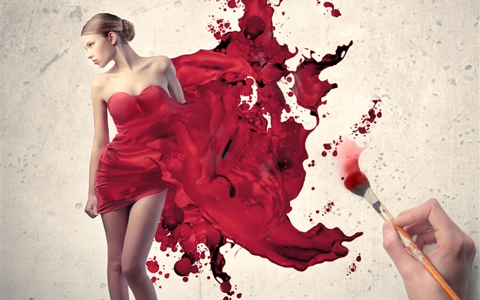 绘制女孩的红色礼服，创意图片 壁纸 图片