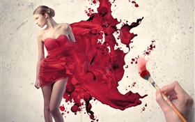 绘制女孩的红色礼服，创意图片 高清壁纸