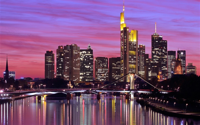 法兰克福，德国，城市，河流，桥梁，路灯，摩天大楼 壁纸 图片