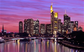 法兰克福，德国，城市，河流，桥梁，路灯，摩天大楼 高清壁纸