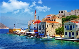 希腊，镇，码头，船，房子 高清壁纸