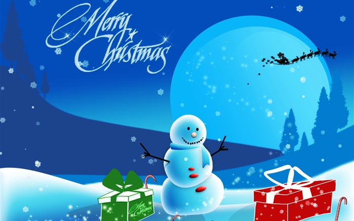 圣诞快乐，艺术图片，雪人，雪，礼品，月亮 壁纸 图片