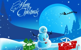 圣诞快乐，艺术图片，雪人，雪，礼品，月亮 高清壁纸