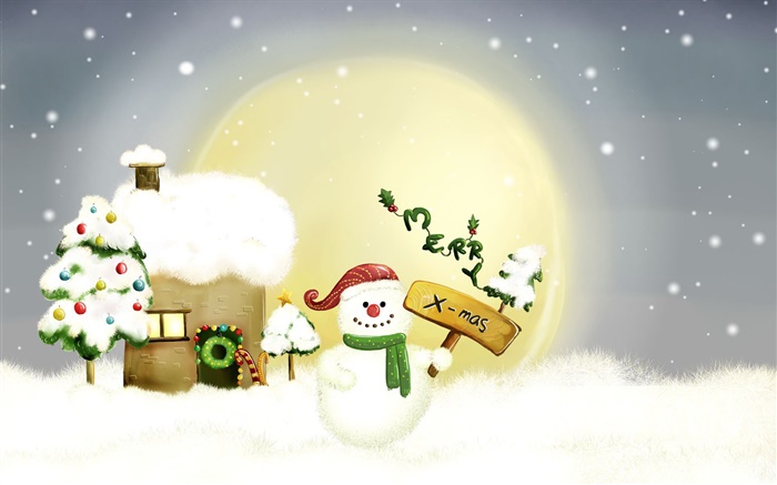 圣诞快乐，雪人，树，月亮，房子，雪 壁纸 图片