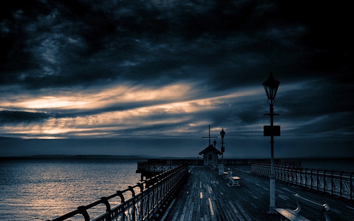 码头，海，黄昏，多云的天空 壁纸 图片