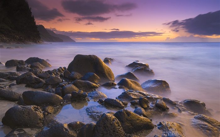 岩石，沙滩，大海，夕阳，夏威夷，美国 壁纸 图片