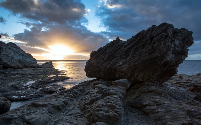 岩石，海，夕阳，科罗曼德，新西兰 壁纸 图片
