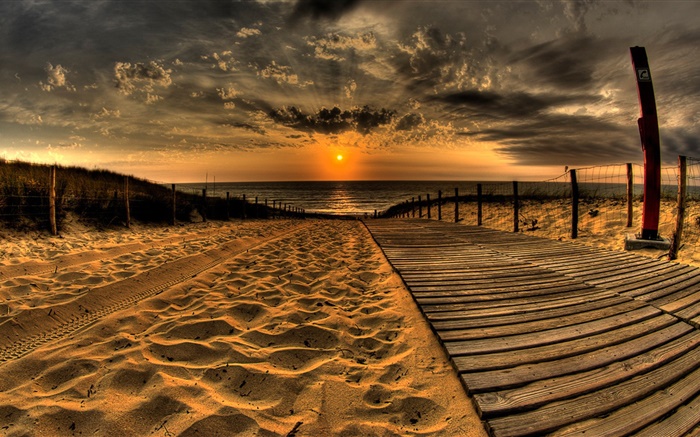 金沙，海滩，码头，日落，云海 壁纸 图片
