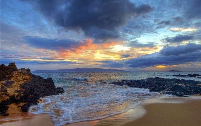 日落，海，海岸，海滩秘密，毛伊岛，夏威夷，美国 壁纸 图片
