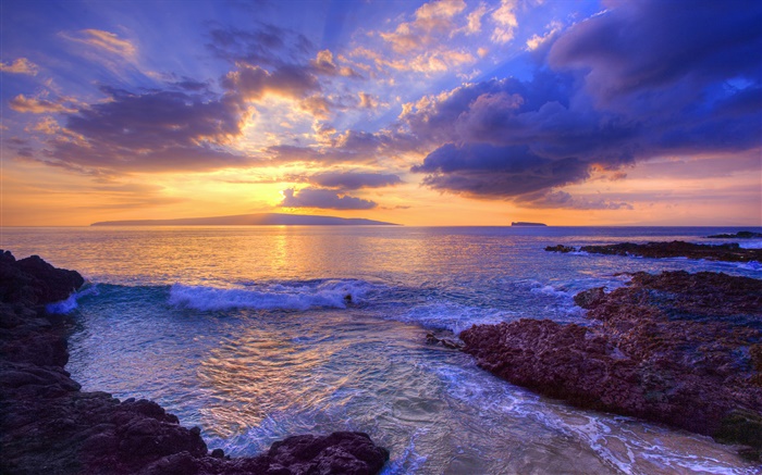 日落，海浪，沙滩秘密，毛伊岛，夏威夷，美国 壁纸 图片