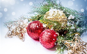 圣诞球，松树枝，新的一年装饰 高清壁纸