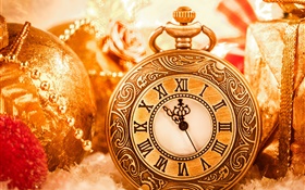 圣诞装饰，时钟，球，新年 高清壁纸