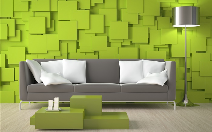 客厅，沙发，绿色的墙壁，灯具 壁纸 图片