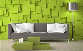 客厅，沙发，绿色的墙壁，灯具 高清壁纸