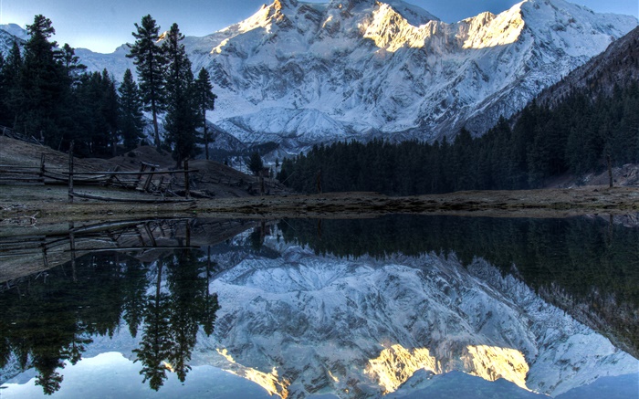 山脉，湖泊，树木，水中的倒影，雪 壁纸 图片