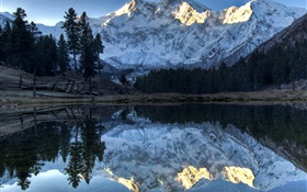山脉，湖泊，树木，水中的倒影，雪 高清壁纸