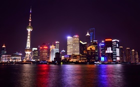 上海，中国，夜晚，城市，灯光，高楼林立，河流