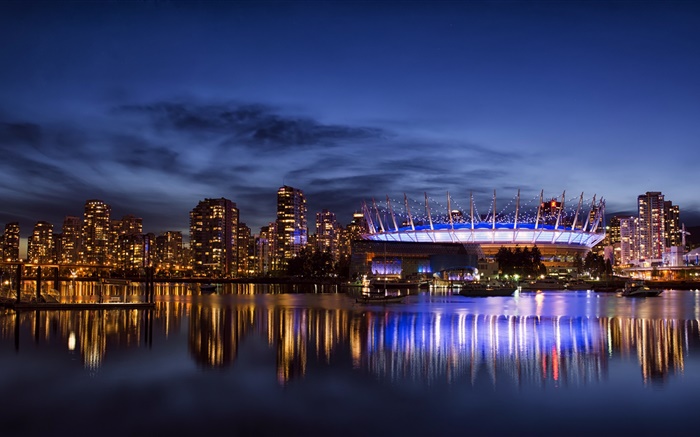 温哥华，加拿大，城市，摩天大楼，建筑物，灯，晚上，湾 壁纸 图片