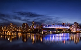 温哥华，加拿大，城市，摩天大楼，建筑物，灯，晚上，湾 高清壁纸