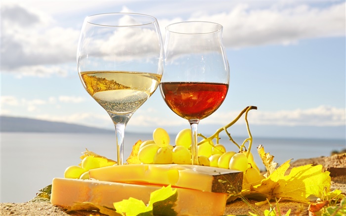 葡萄酒，红，白，玻璃杯，葡萄 壁纸 图片