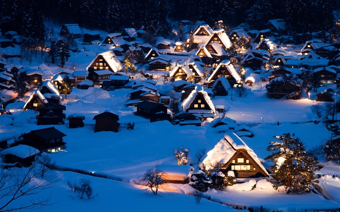冬季，房子，厚厚的积雪，夜晚，镇 壁纸 图片