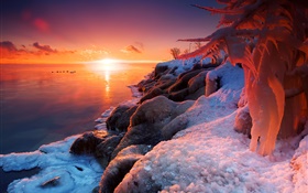 冬季，日出，湖，冰，雪，美丽的风景 高清壁纸