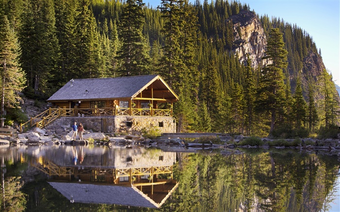 加拿大班夫国家公园，艾格尼丝湖，山，房子，人，码头 壁纸 图片