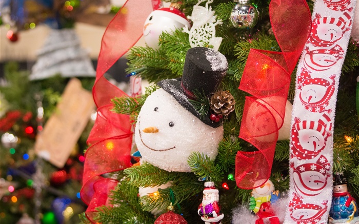 圣诞树，雪人，玩具，织带 壁纸 图片