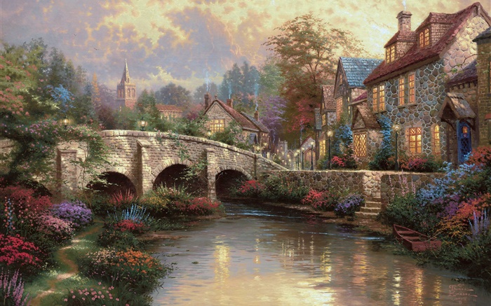 英格兰威尔特郡区，乡，村，房屋，桥梁，艺术画 壁纸 图片