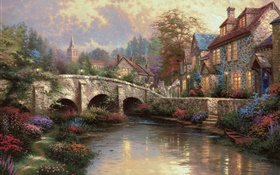 英格兰威尔特郡区，乡，村，房屋，桥梁，艺术画