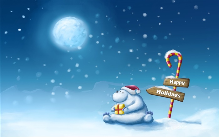 节日快乐，雪，熊，月亮 壁纸 图片