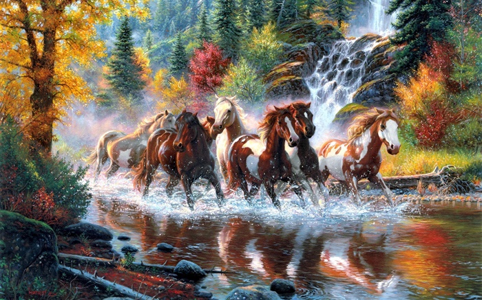 马，河流，瀑布，森林，秋天，树木，艺术画 壁纸 图片
