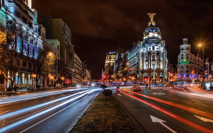 马德里，西班牙，城市夜景，灯光，房屋，建筑物，道路 壁纸 图片