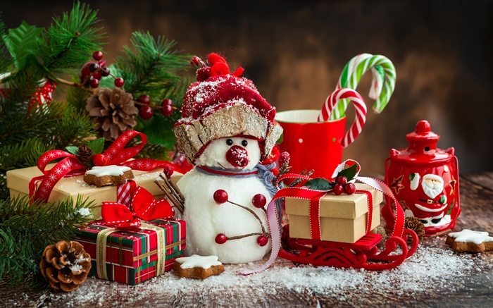 圣诞快乐，新年，装饰，雪人，杯，糖果，礼品 壁纸 图片