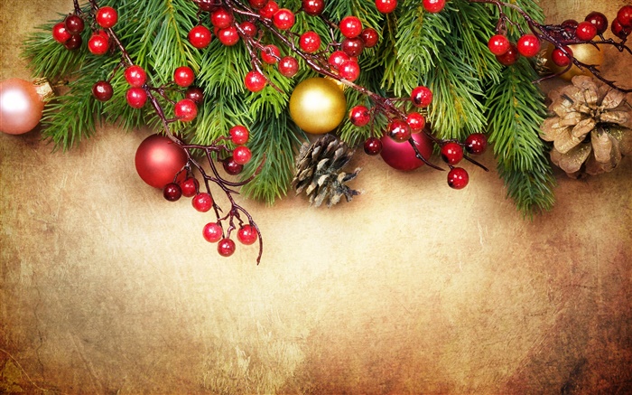 圣诞快乐，装饰，松枝，浆果，球 壁纸 图片