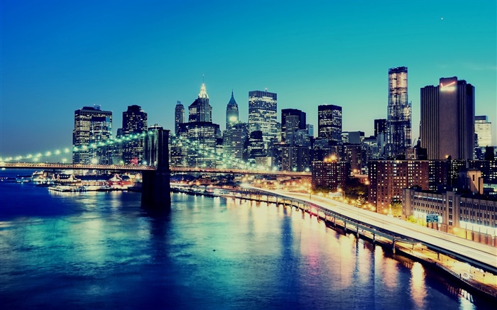 美国纽约，晚上，城市的灯光，摩天大楼，湾 壁纸 图片