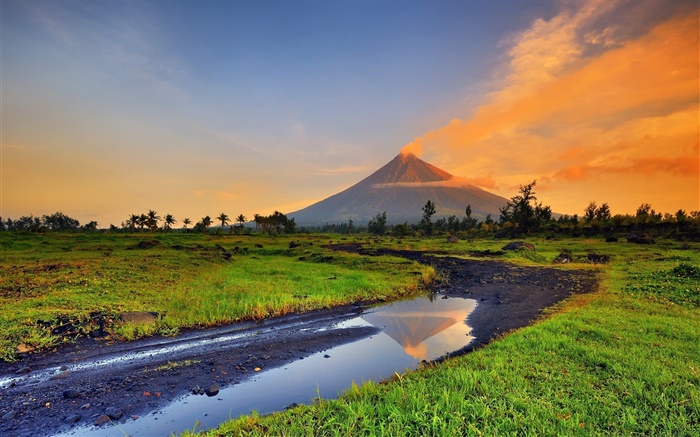 菲律宾马荣，火山，山，草，河 壁纸 图片