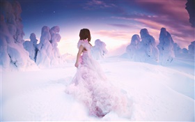粉色连衣裙的女孩在冬季，厚厚的雪