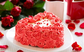 粉红色的玫瑰鲜花，蛋糕，花瓣 高清壁纸