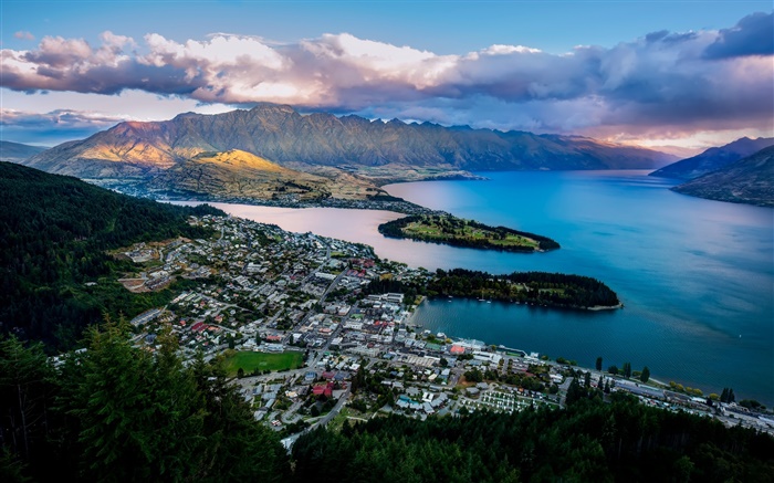 皇后镇，新西兰，城市，瓦卡蒂普湖，海湾，山，房子 壁纸 图片