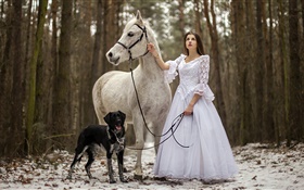 复古风格，白色礼服的女孩，马，狗，森林