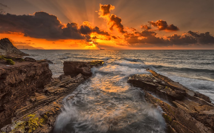 海，岩石，海岸，日落，黄昏，云 壁纸 图片