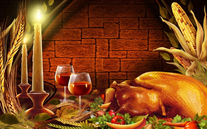 感恩节，烤鸡，蜡烛，酒杯 壁纸 图片