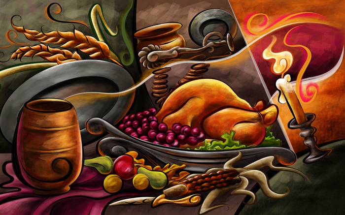 感恩节主题绘画，烤鸡，水果，蜡烛 壁纸 图片