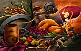 感恩节主题绘画，烤鸡，水果，蜡烛
