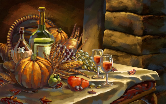 感恩节，水彩画，南瓜，葡萄，酒，苹果，麦子 壁纸 图片