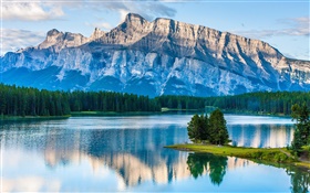 两个杰克湖，班芙国家公园，加拿大阿尔伯塔省，山，树 高清壁纸