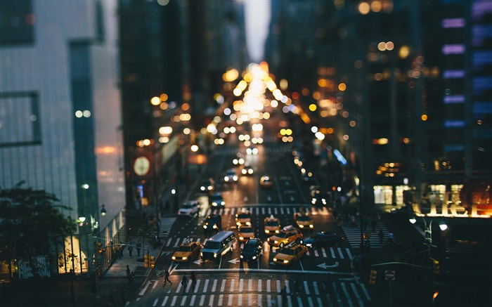 美国，纽约，夜晚，建筑物，街道，汽车，灯，虚化 壁纸 图片