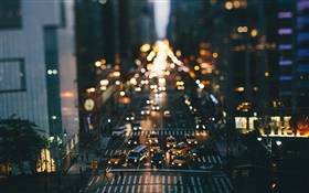 美国，纽约，夜晚，建筑物，街道，汽车，灯，虚化 高清壁纸