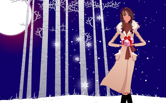 矢量插画，女孩，冬天，雪，树，礼物 壁纸 图片